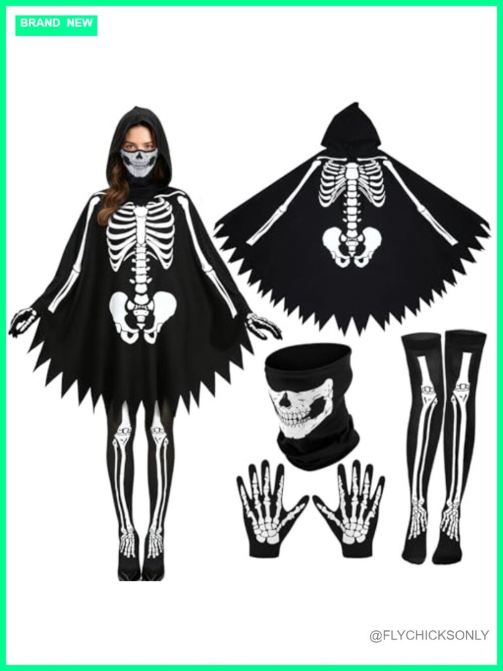 Skeleton Poncho Halloween Costume Set with Gloves Tights Mask